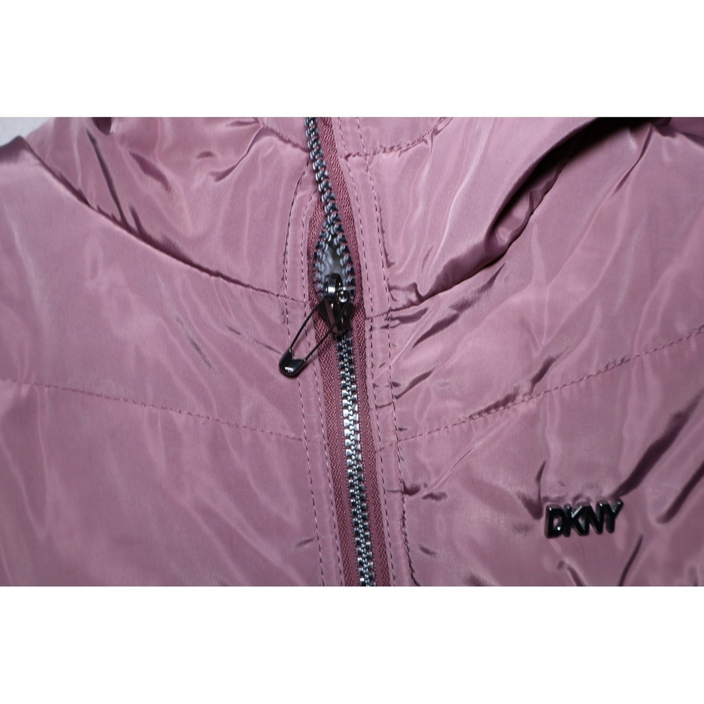 DKNY Women Mauve Pink Puffer Jacket Faux Fur Lined Hooded Logo Waist Coat - Picture 4 of 8